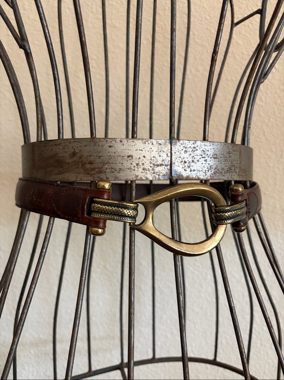 Unique Brass and Brown Leather Belt Adjustable - Picture 2 of 7